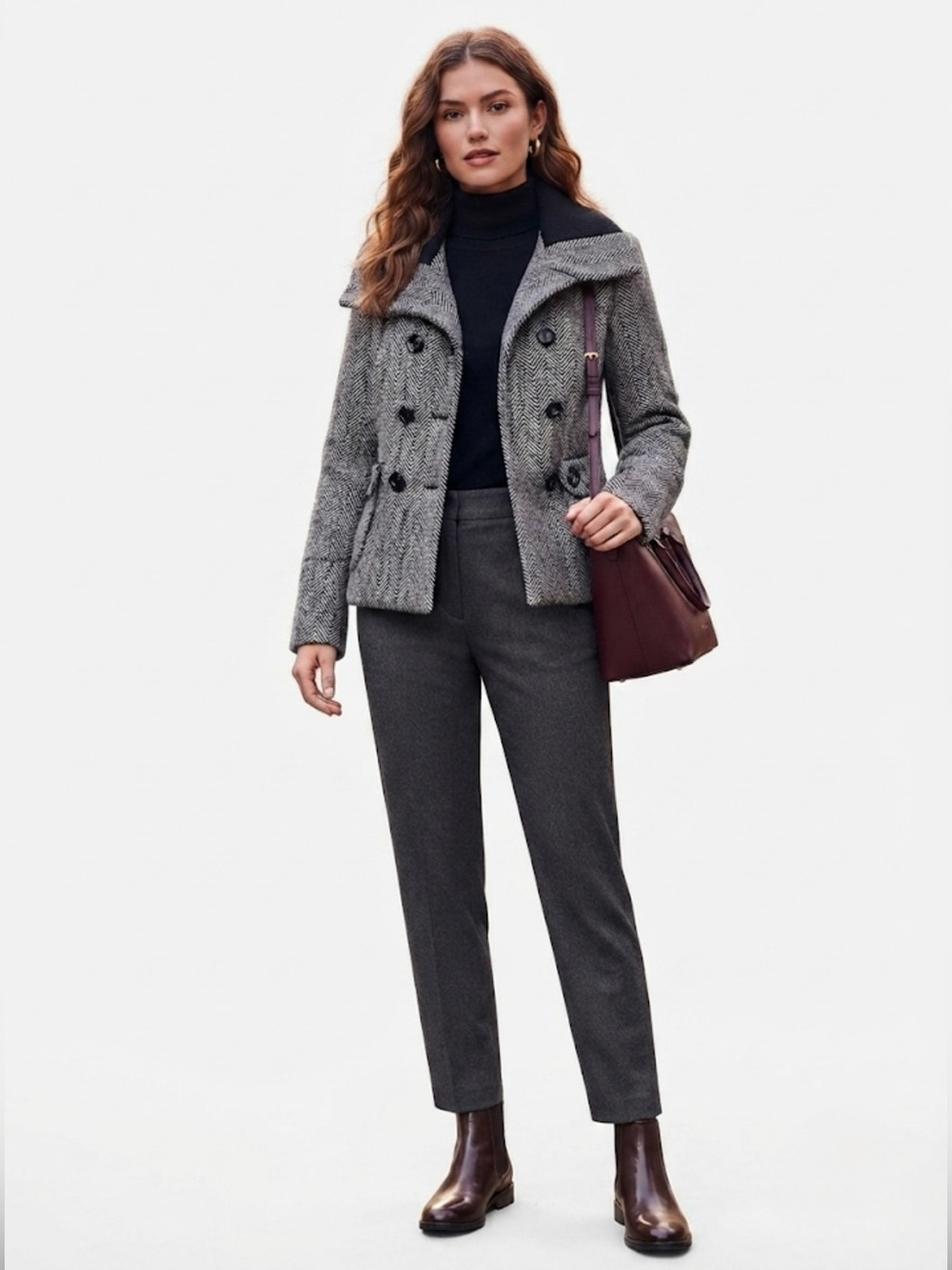 Last Kiss Y2K Herringbone Peacoat Jacket Wool Blend Black Gray Size L